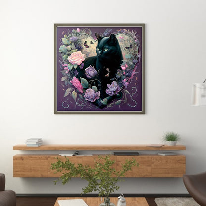 Flowers And Black Cat - 11CT Stamped Cross Stitch 40*40CM