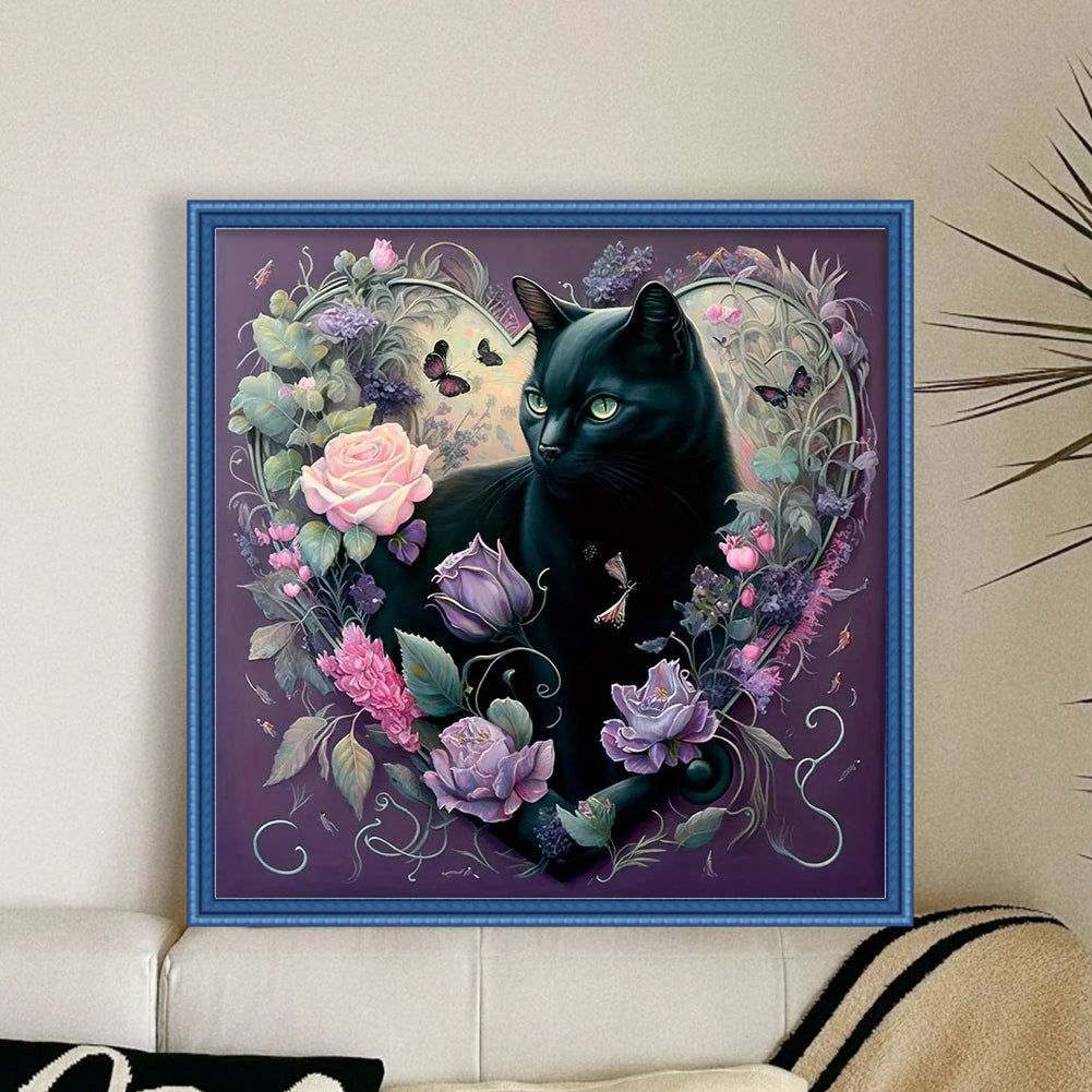 Flowers And Black Cat - 11CT Stamped Cross Stitch 40*40CM