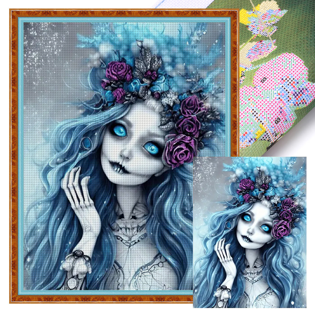 Blue Hair Skull Girl - 11CT Stamped Cross Stitch 40*55CM