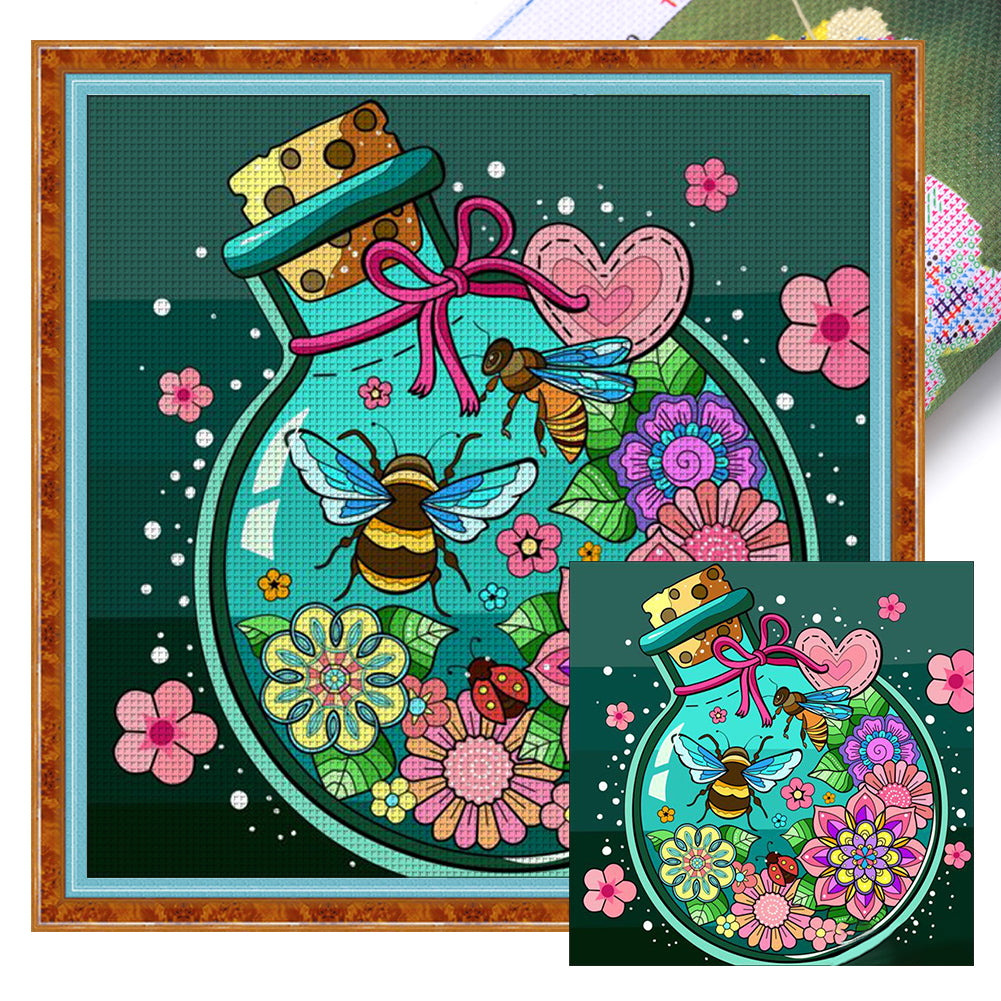 Flowers And Bees In Glass Vase - 11CT Stamped Cross Stitch 50*50CM