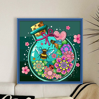 Flowers And Bees In Glass Vase - 11CT Stamped Cross Stitch 50*50CM