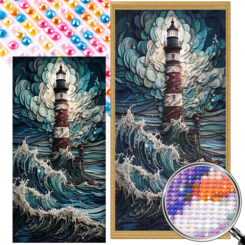 Lighthouse In Storm - Full Round AB Drill Diamond Painting 40*80CM