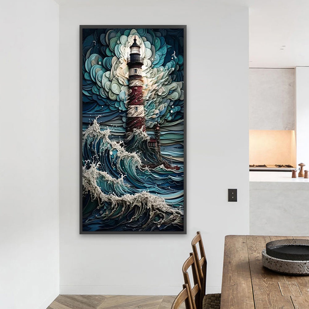 Lighthouse In Storm - Full Round AB Drill Diamond Painting 40*80CM