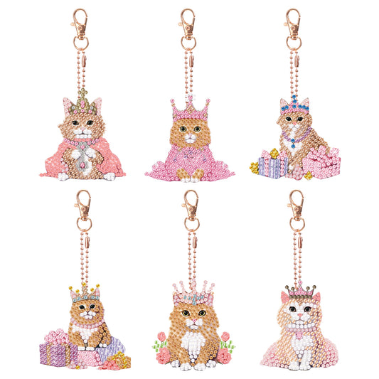 6PCS Double Sided Diamond Painting Art Keychain Pendant (Crown Cat Princess)