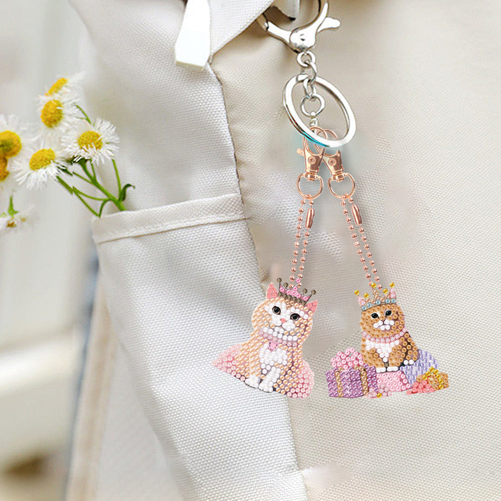 6PCS Double Sided Diamond Painting Art Keychain Pendant (Crown Cat Princess)