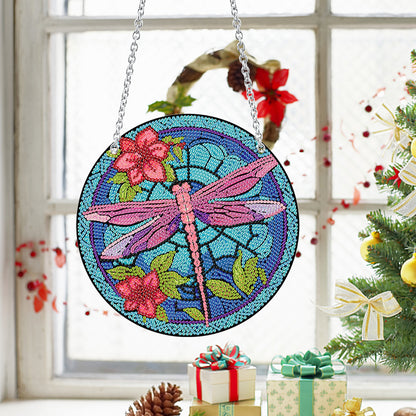 Acrylic Round Single-Sided Diamond Art Hanging Pendant 20x20cm (Dragonfly #1)