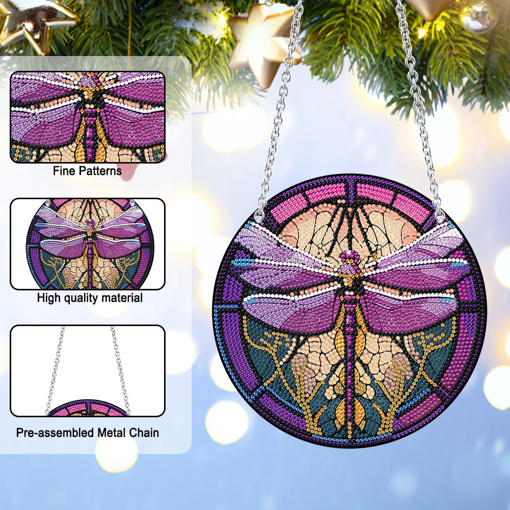 Acrylic Round Single-Sided Diamond Art Hanging Pendant 20x20cm (Dragonfly #2)