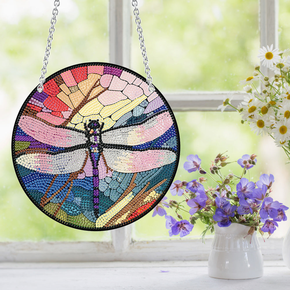 Acrylic Round Single-Sided Diamond Art Hanging Pendant 20x20cm (Dragonfly #3)