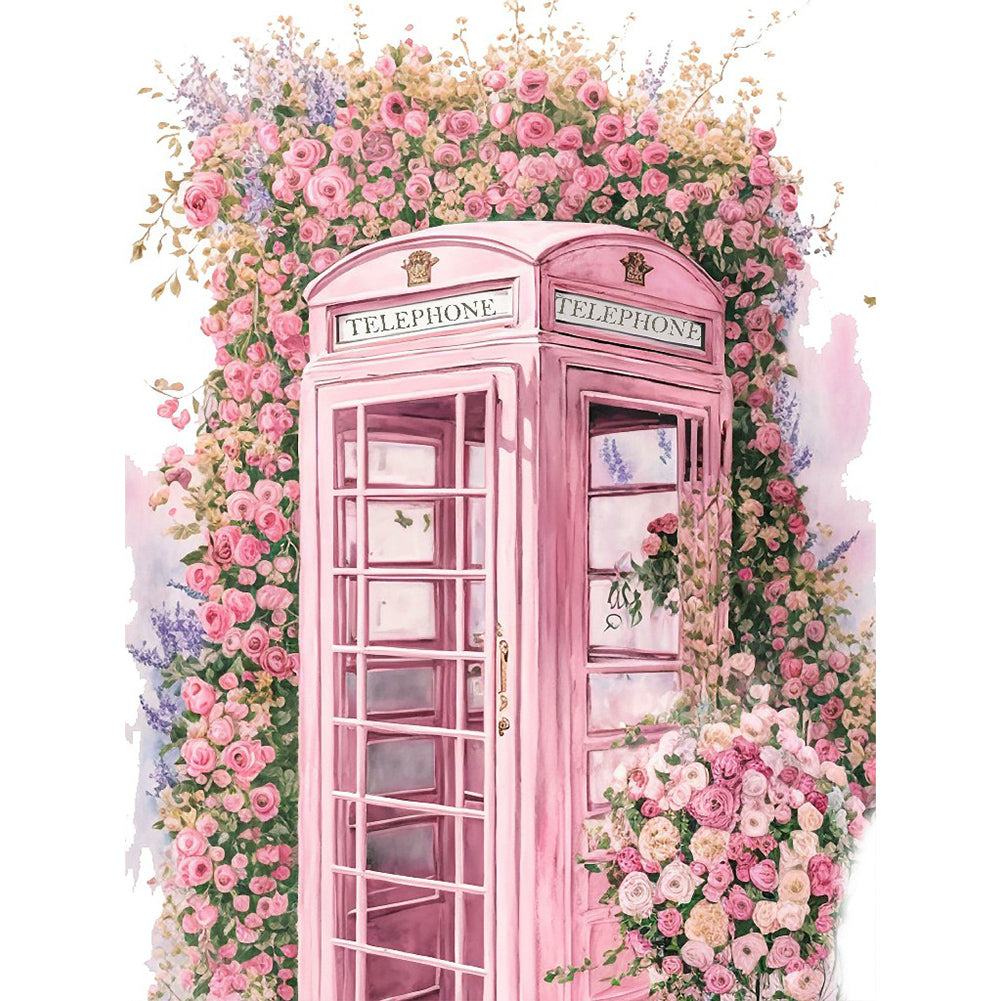 Pink Flower Phone Booth - Full Round Drill Diamond Painting 30*40CM