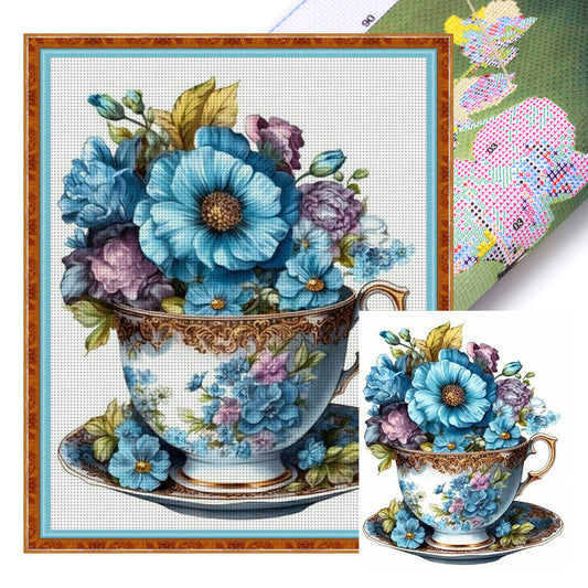 Flowers In Tea Cup - 18CT Stamped Cross Stitch 20*25CM