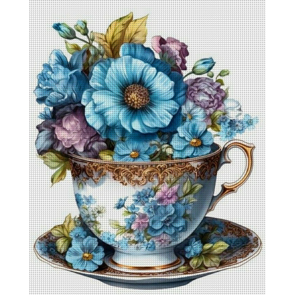 Flowers In Tea Cup - 18CT Stamped Cross Stitch 20*25CM