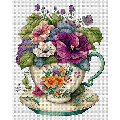 Flowers In Tea Cup - 18CT Stamped Cross Stitch 20*25CM