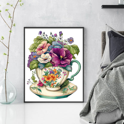 Flowers In Tea Cup - 18CT Stamped Cross Stitch 20*25CM