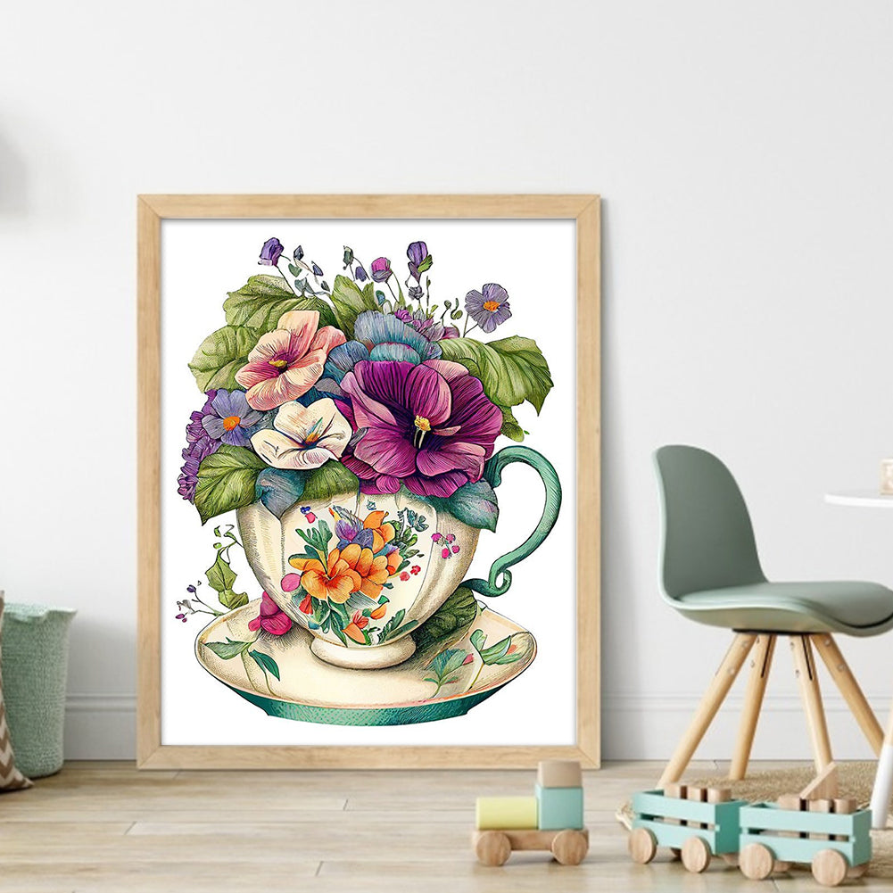 Flowers In Tea Cup - 18CT Stamped Cross Stitch 20*25CM