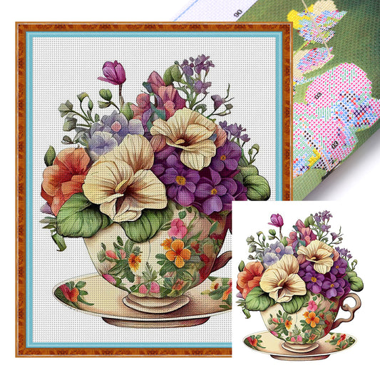 Flowers In Tea Cup - 18CT Stamped Cross Stitch 20*25CM