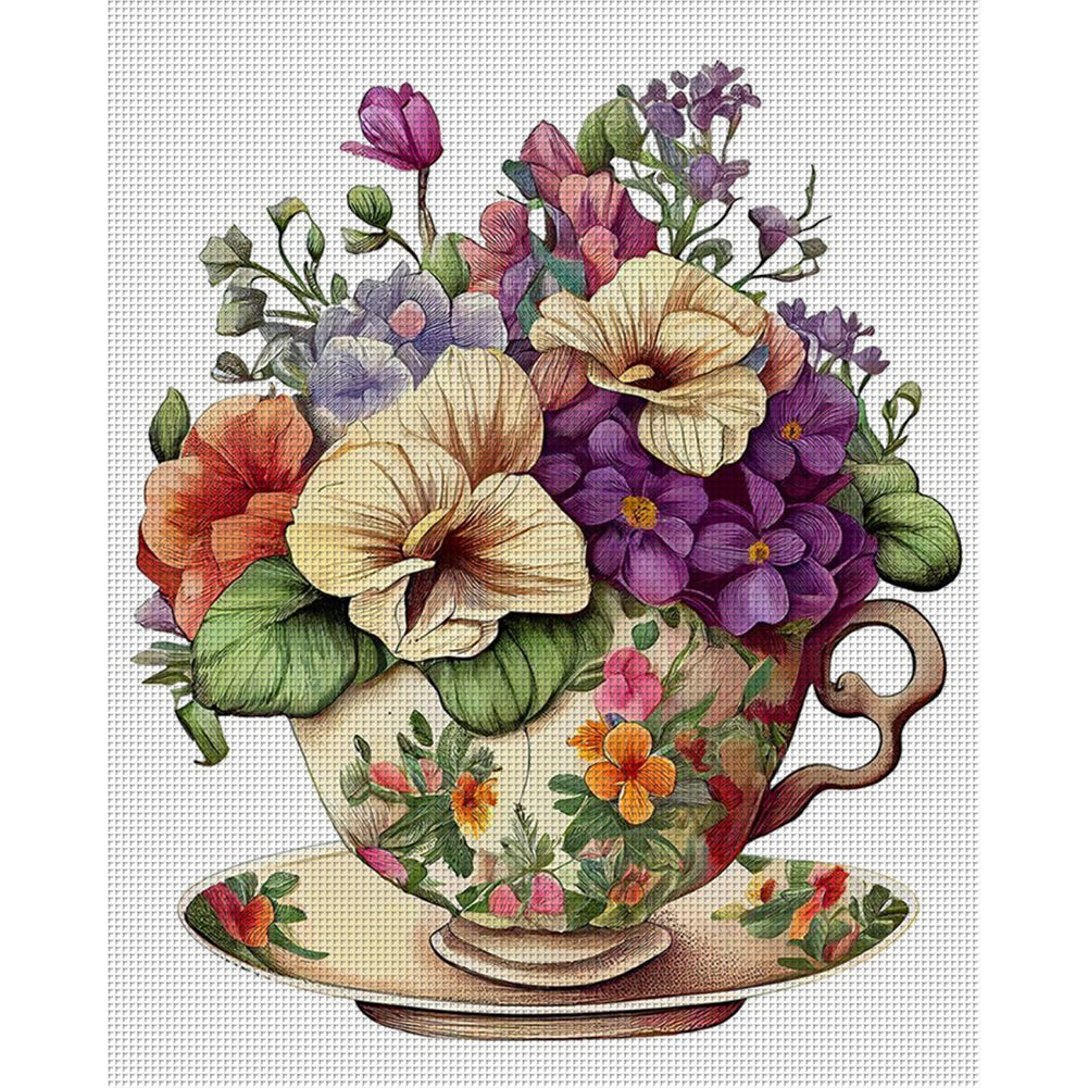 Flowers In Tea Cup - 18CT Stamped Cross Stitch 20*25CM