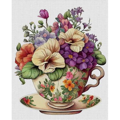 Flowers In Tea Cup - 18CT Stamped Cross Stitch 20*25CM