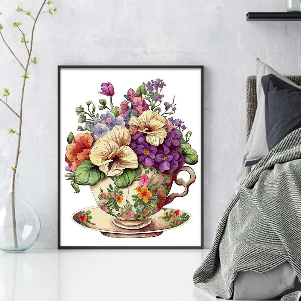Flowers In Tea Cup - 18CT Stamped Cross Stitch 20*25CM