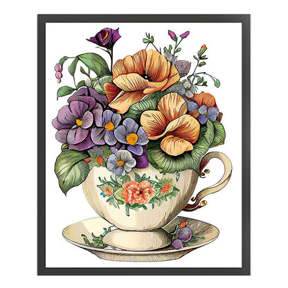 Flowers In Tea Cup - 18CT Stamped Cross Stitch 20*25CM