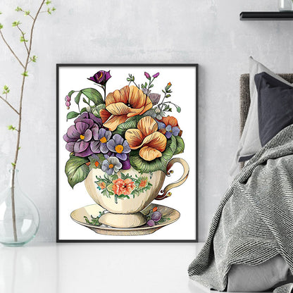 Flowers In Tea Cup - 18CT Stamped Cross Stitch 20*25CM