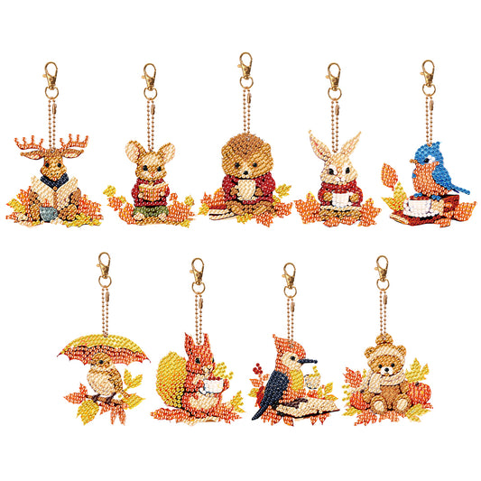 9PCS Full Drill Keyring Bird Bear Double Sided Special Shape Diamond Art Keyring