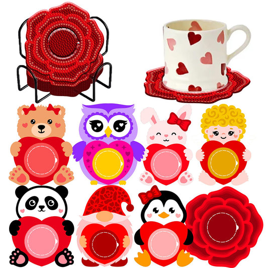 8PCS Wooden Diamond Painting Coasters Kits for Adults Kids (Valentine Critters)