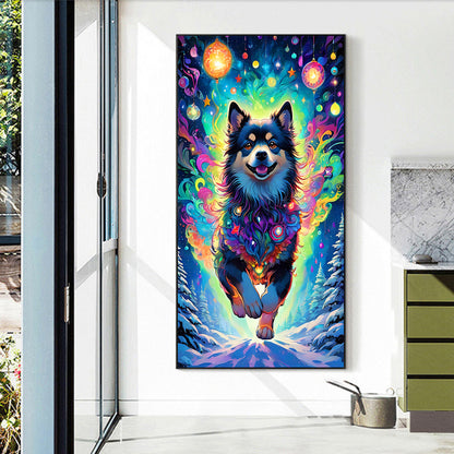 Dog Hanging Christmas Lights Under The Aurora - Full Round Drill Diamond Painting 40*70CM