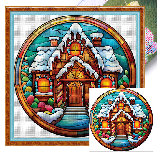 Glass Painting-Christmas House - 18CT Stamped Cross Stitch 20*20CM