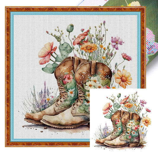 Flowers In Boots - 18CT Stamped Cross Stitch 30*30CM