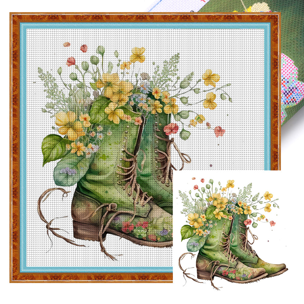 Flowers In Boots - 18CT Stamped Cross Stitch 30*30CM