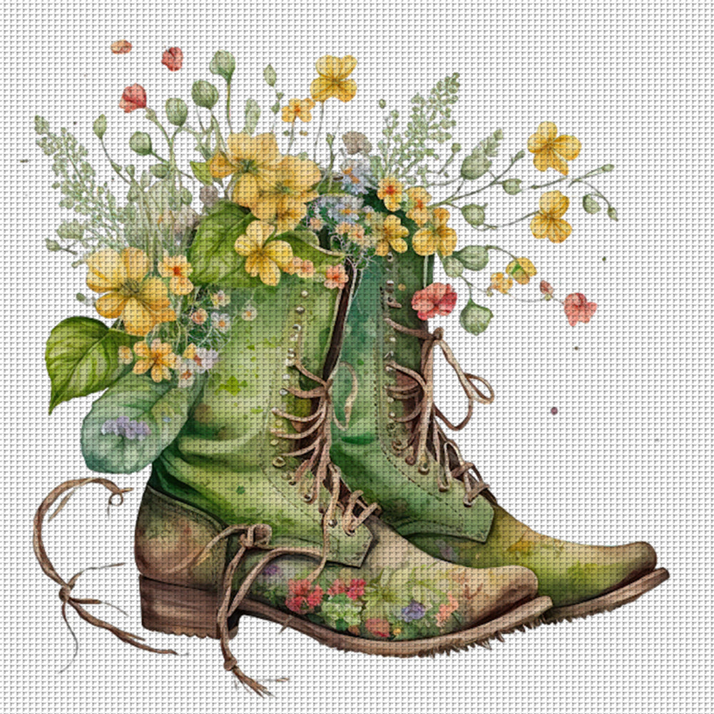 Flowers In Boots - 18CT Stamped Cross Stitch 30*30CM