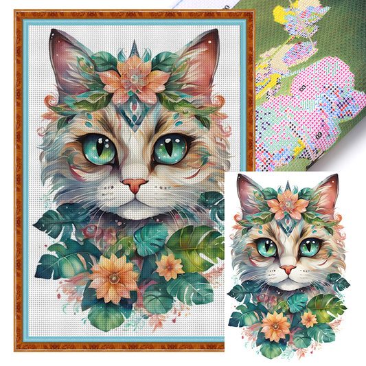 Flowers And Cat - 18CT Stamped Cross Stitch 30*45CM