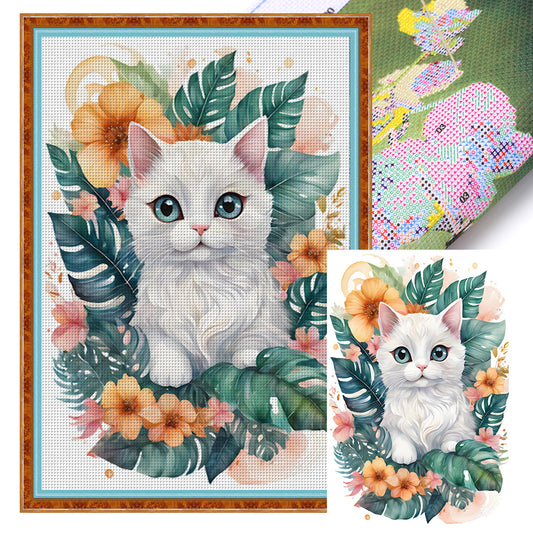 Flowers And Cat - 18CT Stamped Cross Stitch 30*45CM