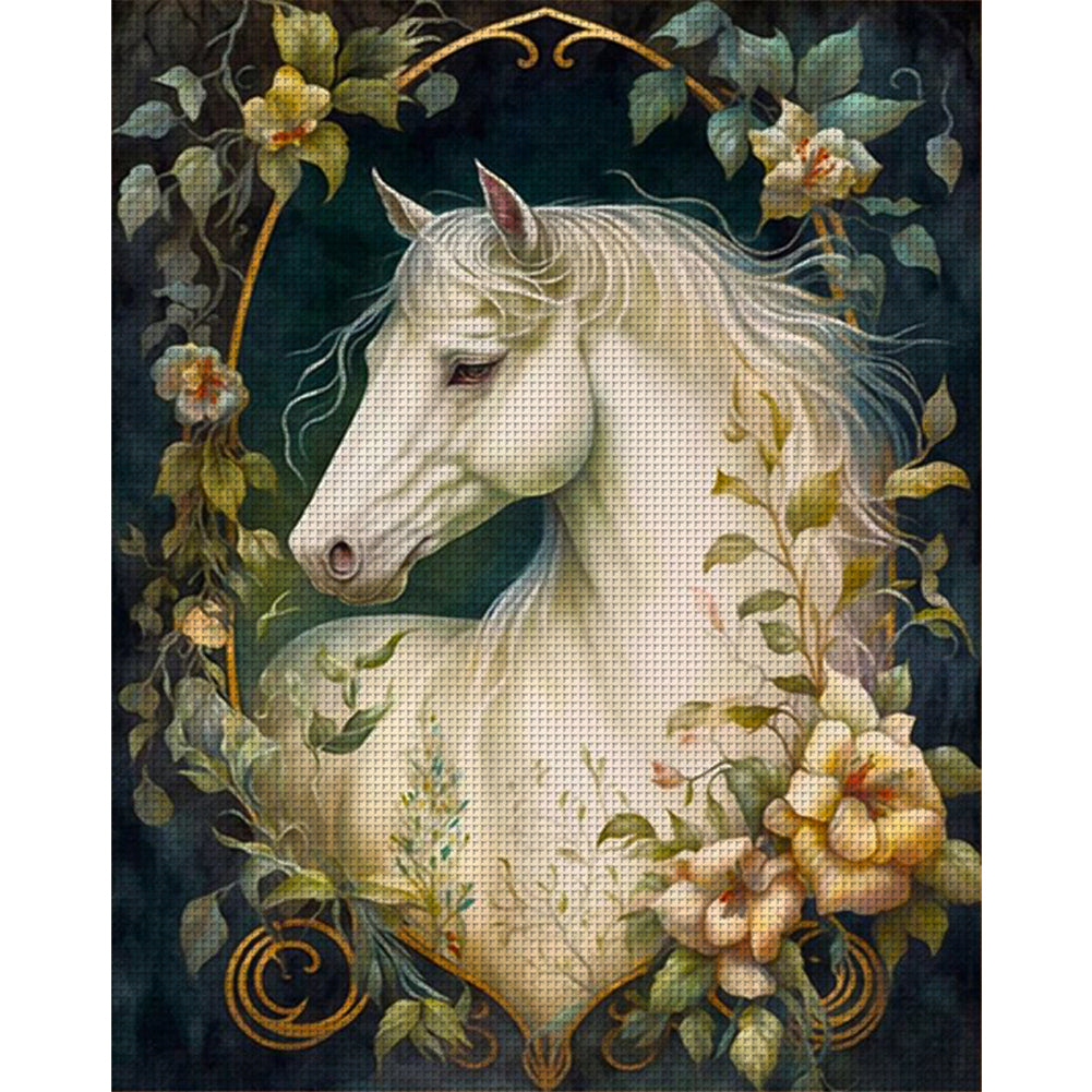 Flowers And White Horses - 11CT Stamped Cross Stitch 50*60CM