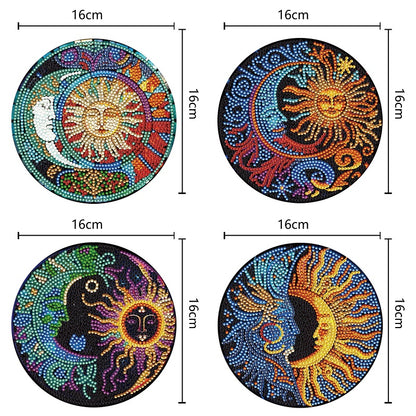 4PCS Wooden Diamond Painted Placemats for Dining Table Decor (Sun and Moon)