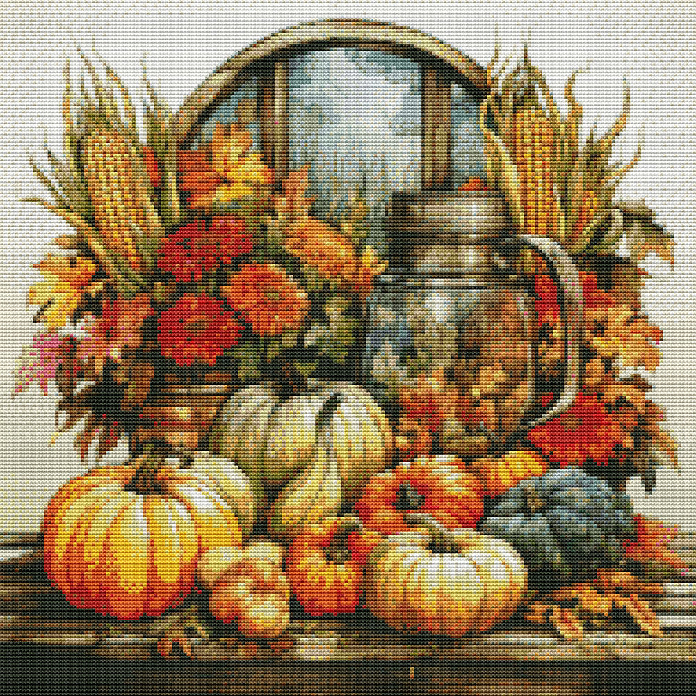 Pumpkin Corn Flowers - 11CT Stamped Cross Stitch 50*50CM