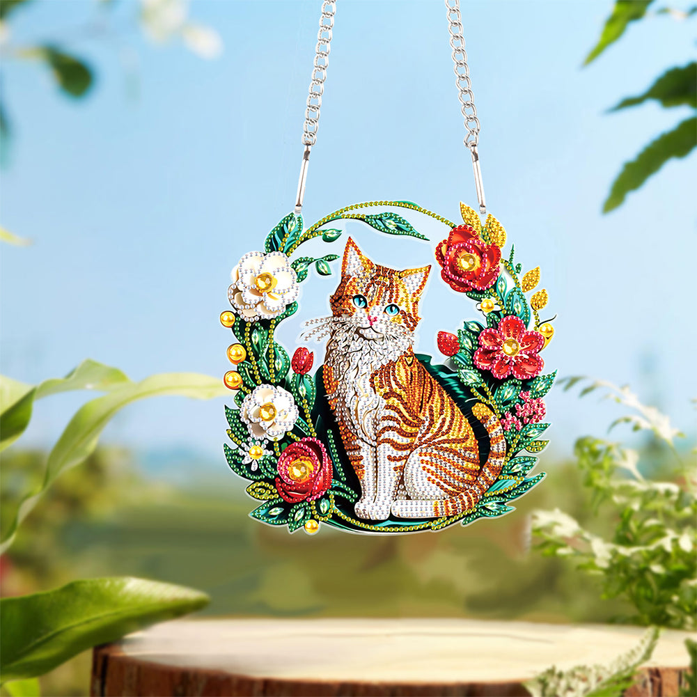 Special Shaped+Round Diamond Painting Wall Decor Wreath (Orange Cat and Flower)