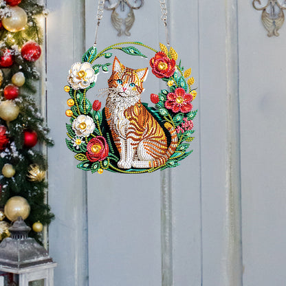 Special Shaped+Round Diamond Painting Wall Decor Wreath (Orange Cat and Flower)