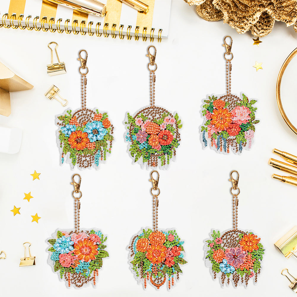 6PCS Flower Dreamcatcher Double Sided Diamond Painting Art Keychain Pendant