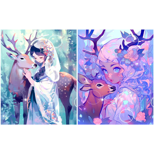 Deer And Girl - Full Round Drill Diamond Painting 40*50CM