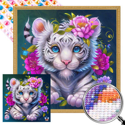 Flower And Little White Tiger - Full Round AB Drill Diamond Painting 40*40CM