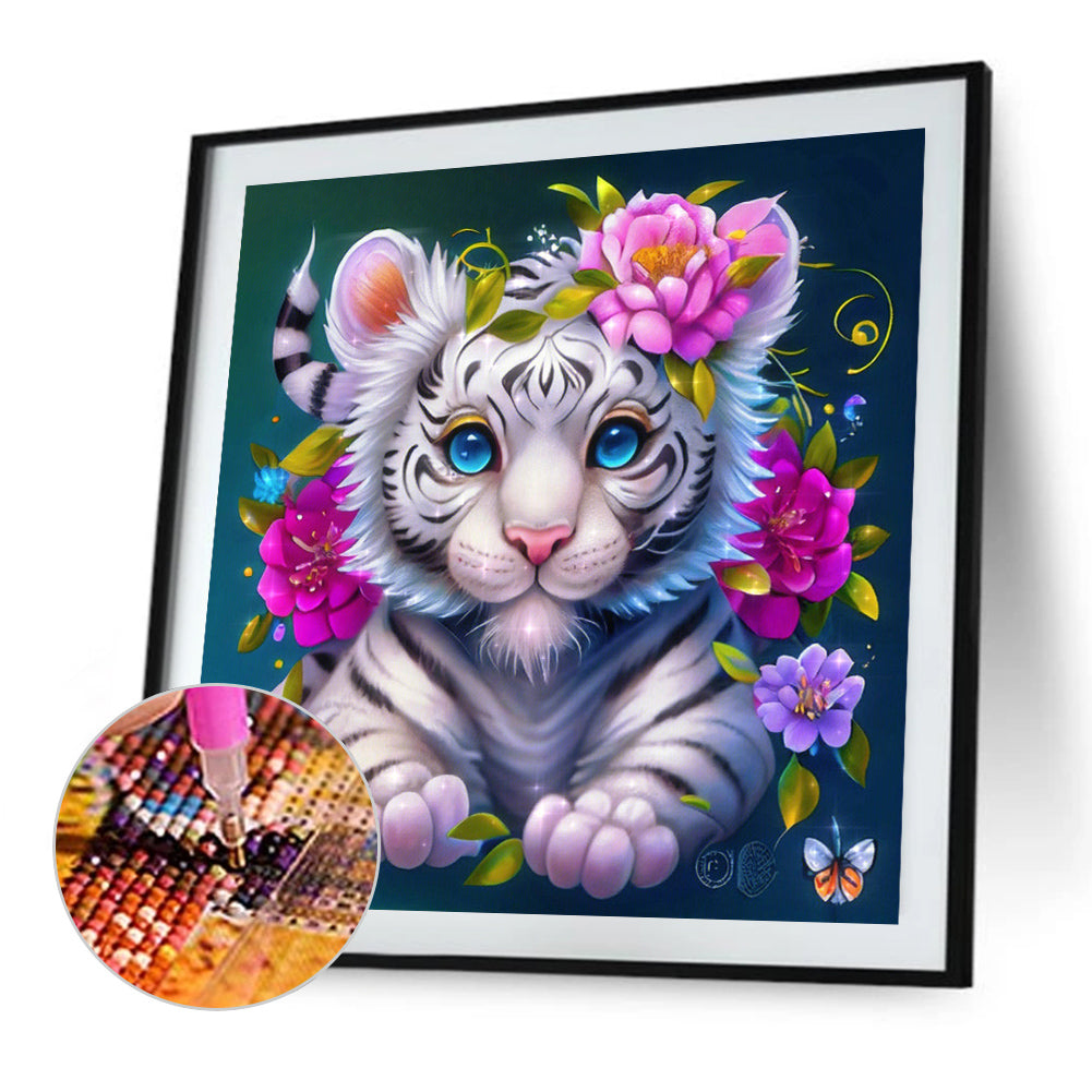Flower And Little White Tiger - Full Round AB Drill Diamond Painting 40*40CM