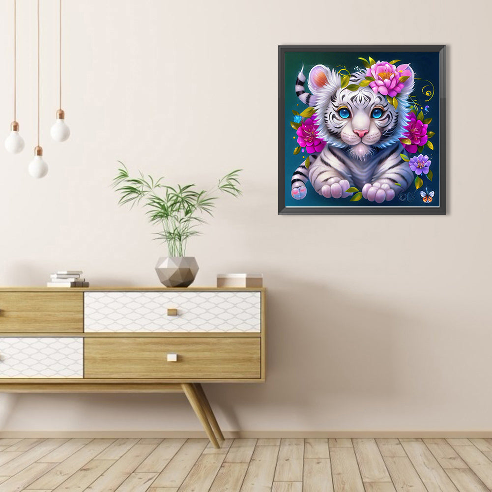 Flower And Little White Tiger - Full Round AB Drill Diamond Painting 40*40CM