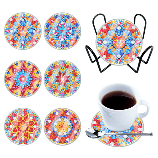 6PCS Acrylic Washable Diamond Painting Crafts Coaster with Holder (Mandala #1)