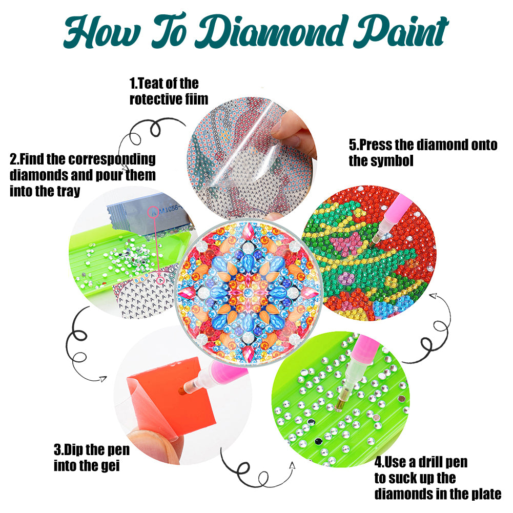 6PCS Acrylic Washable Diamond Painting Crafts Coaster with Holder (Mandala #1)