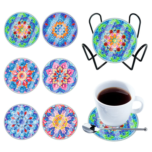 6PCS Acrylic Washable Diamond Painting Crafts Coaster with Holder (Mandala #2)