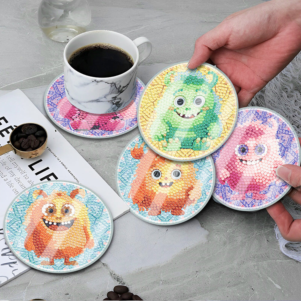 6PCS Acrylic Washable Diamond Painting Crafts Coaster with Holder(Small Monster)