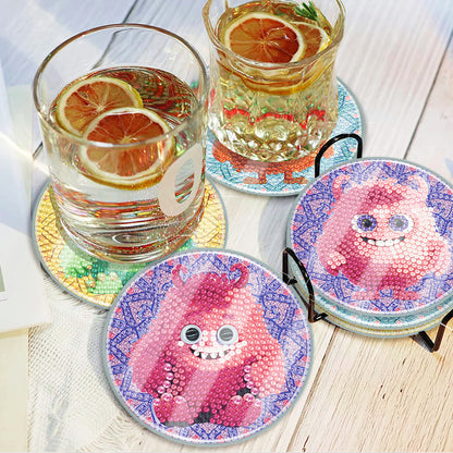 6PCS Acrylic Washable Diamond Painting Crafts Coaster with Holder(Small Monster)