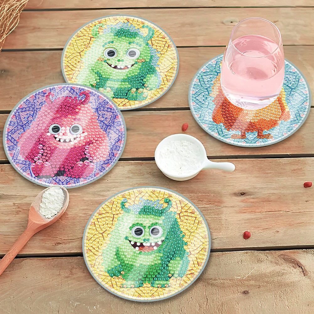 6PCS Acrylic Washable Diamond Painting Crafts Coaster with Holder(Small Monster)