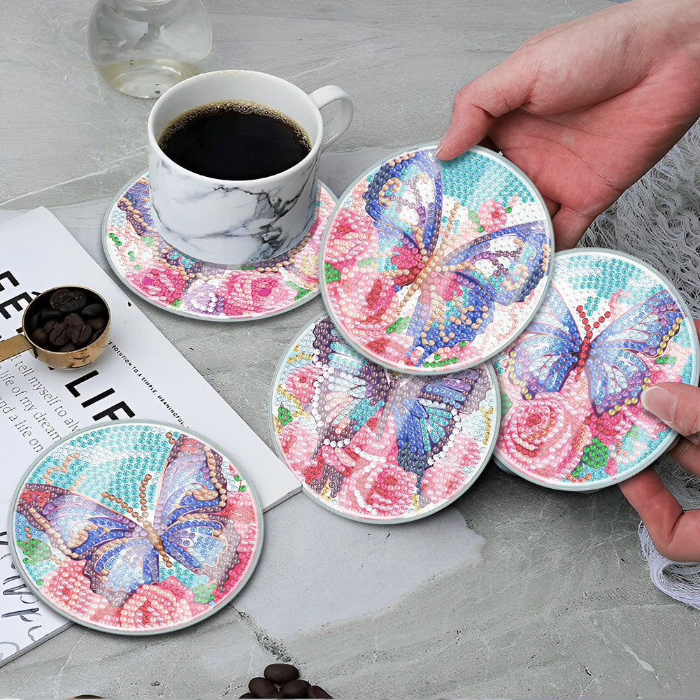 6PCS Acrylic Washable Diamond Painting Crafts Coaster with Holder (Butterfly)